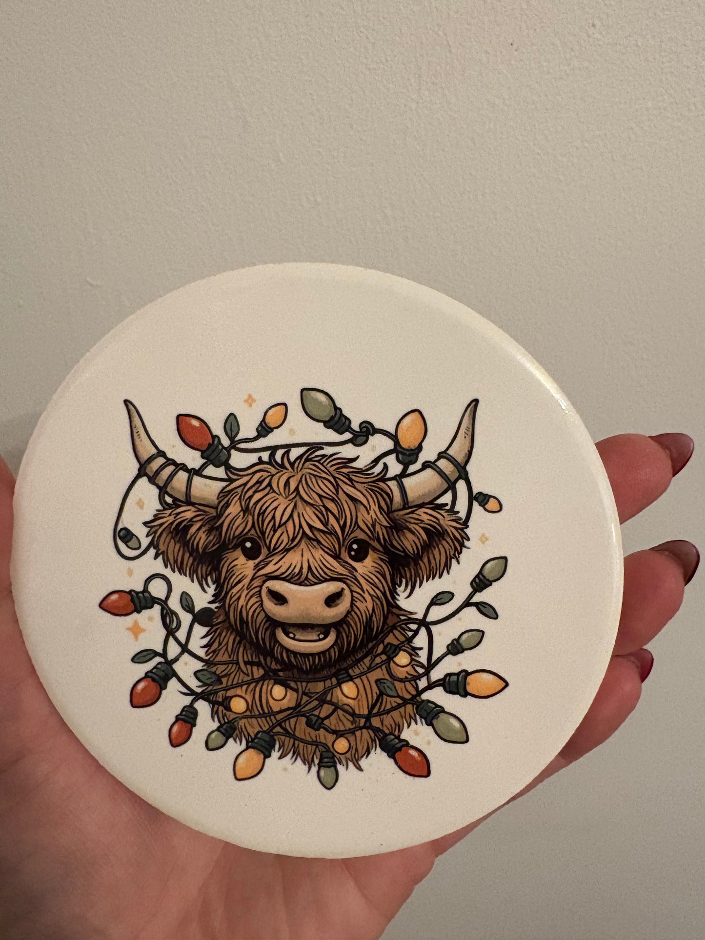 Highland cow and lights