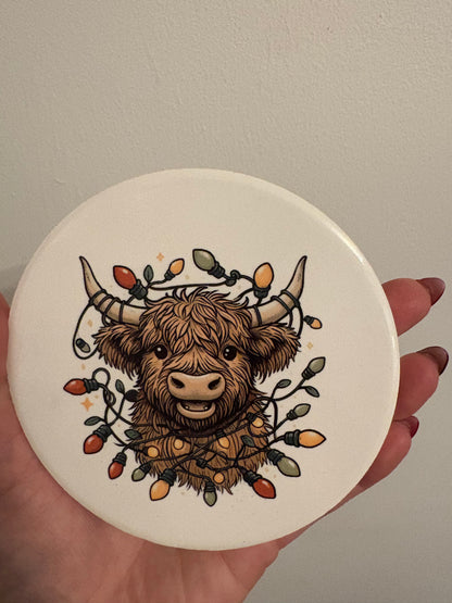 Highland cow and lights