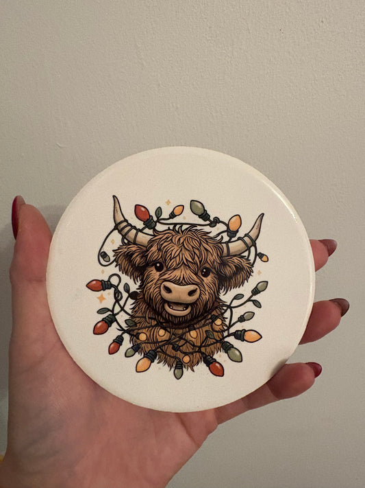 Highland cow and lights