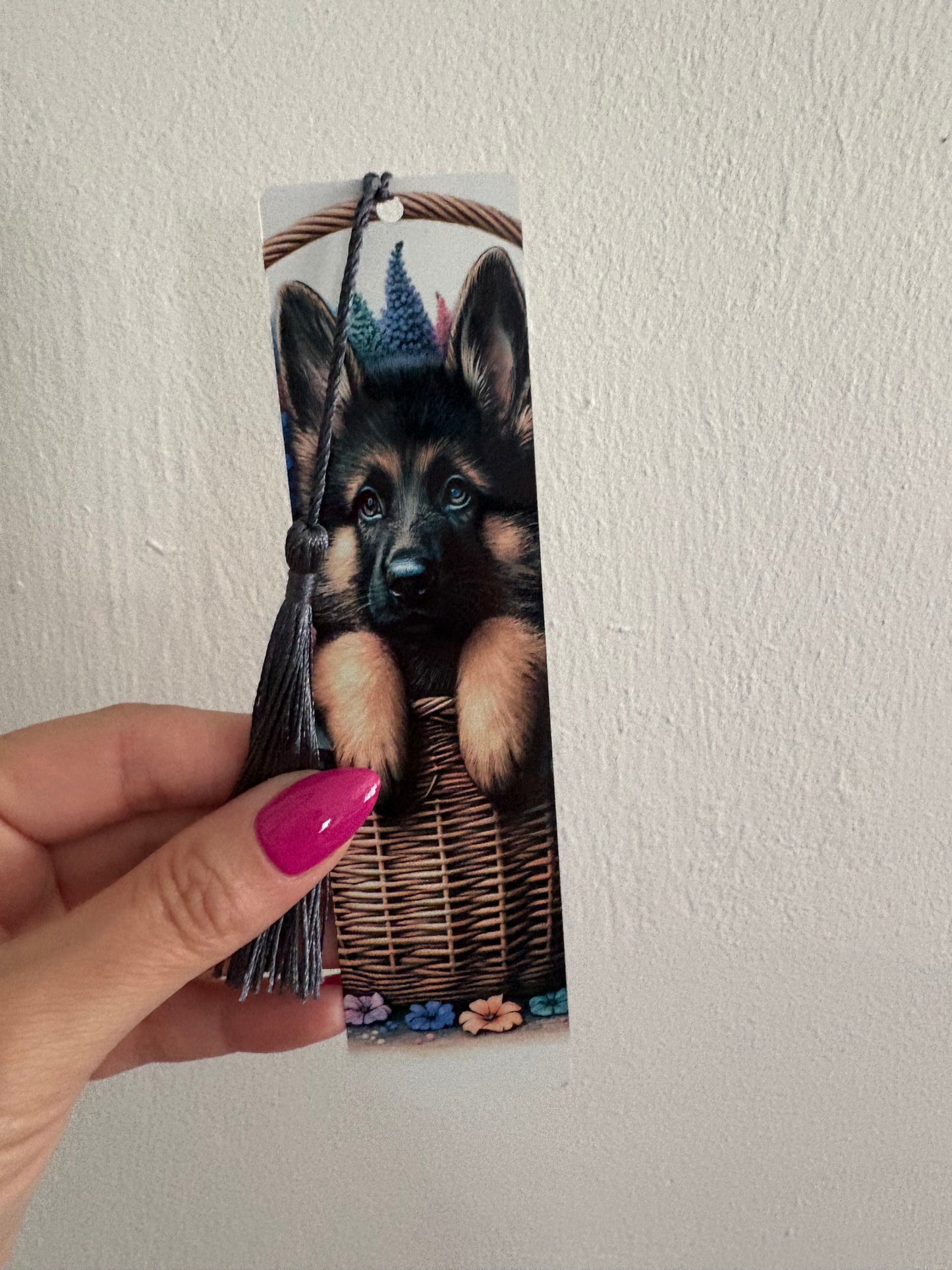 German shepherd in basket