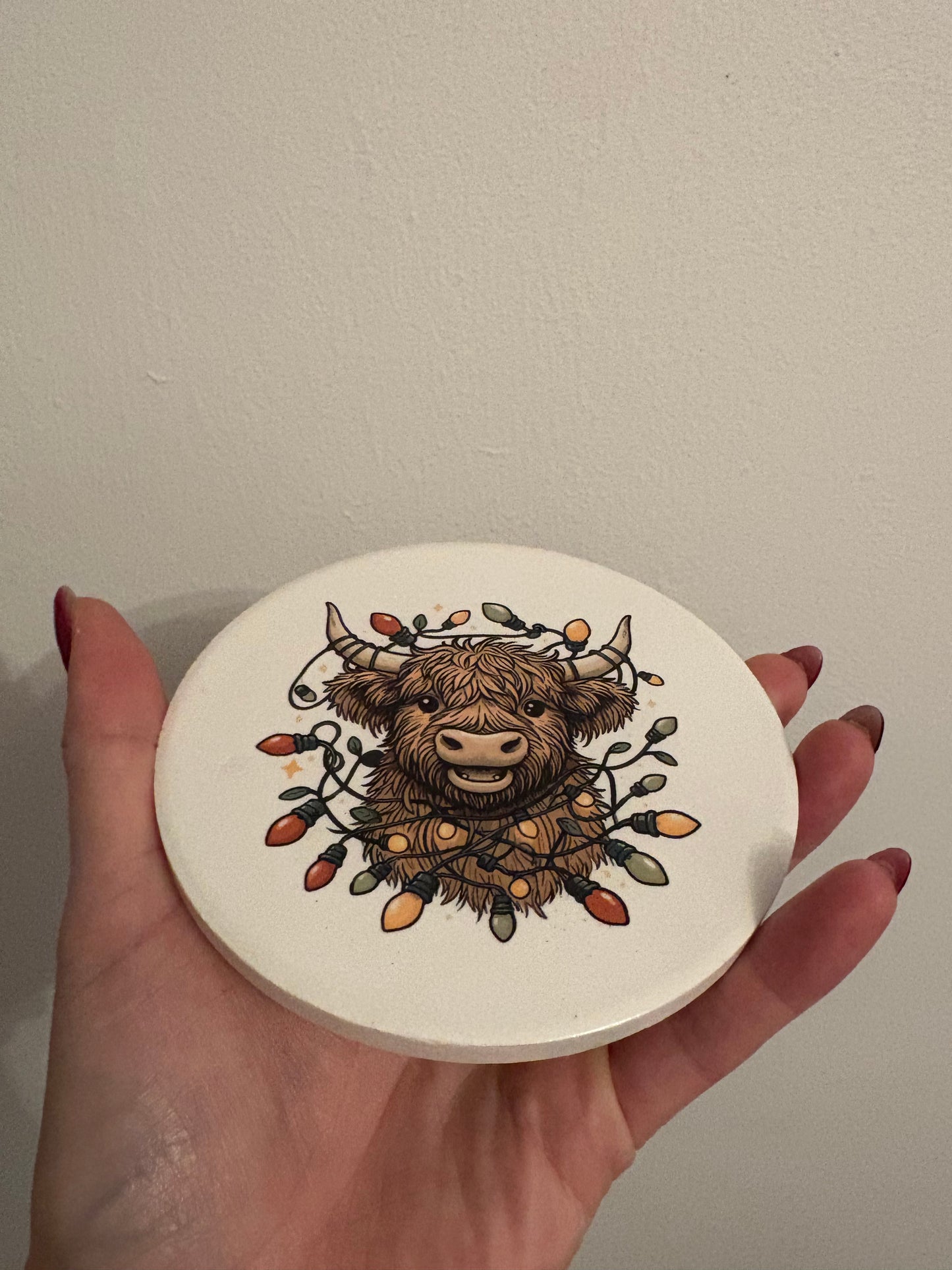 Highland cow and lights