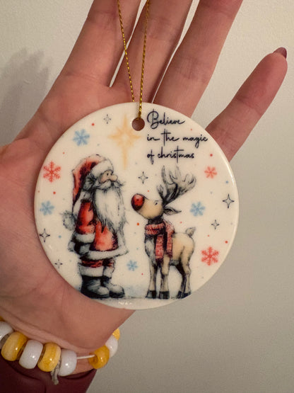 Santa and rudolf ceramic ornament
