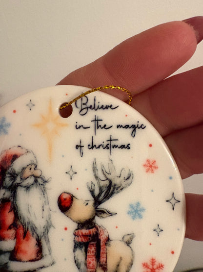 Santa and rudolf ceramic ornament