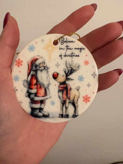Santa and rudolf ceramic ornament